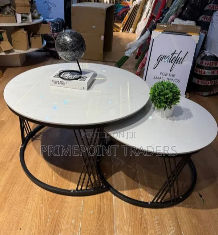 Premium 2-Piece Pure Marble Nesting Coffee Tables – Black Stand