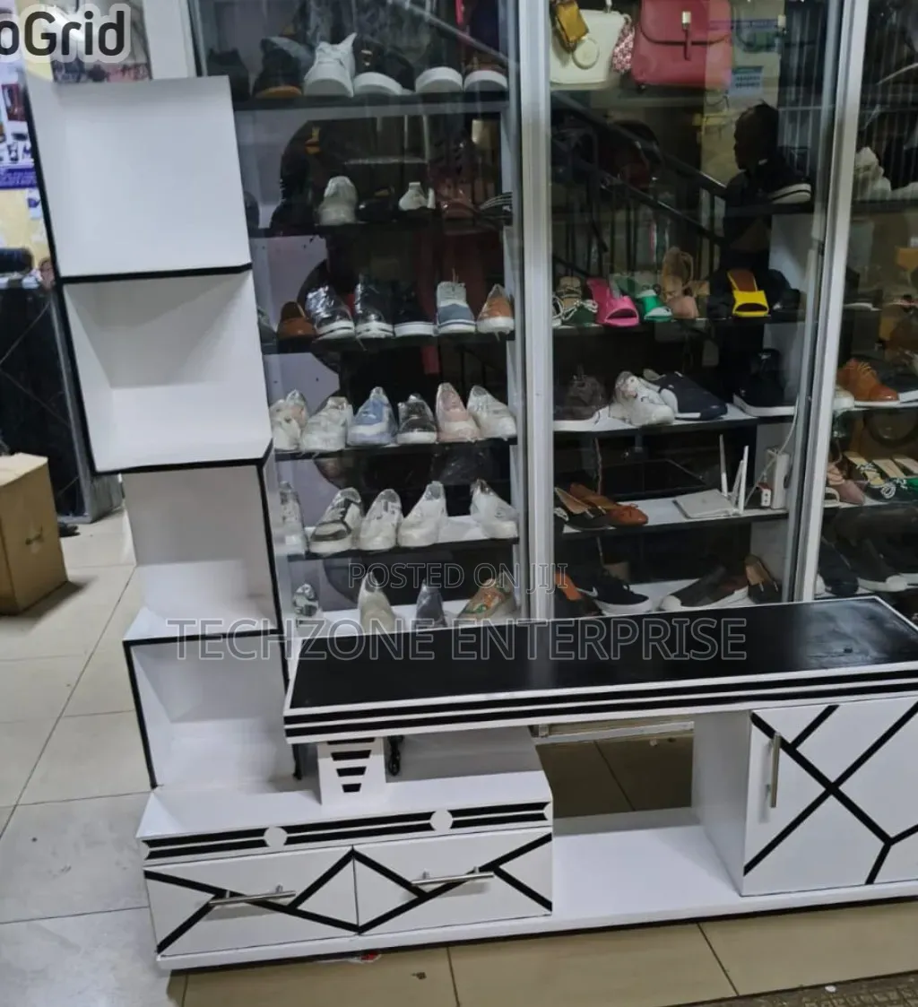 TV Stand With  LED Lights and Inbuilt Decor Stand, White and Black,,