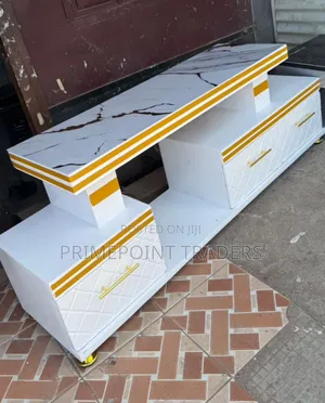 Modern White Executive TV Stand With Marble Coating & One Light
