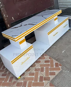 Modern White Executive TV Stand With Marble Coating & One Light