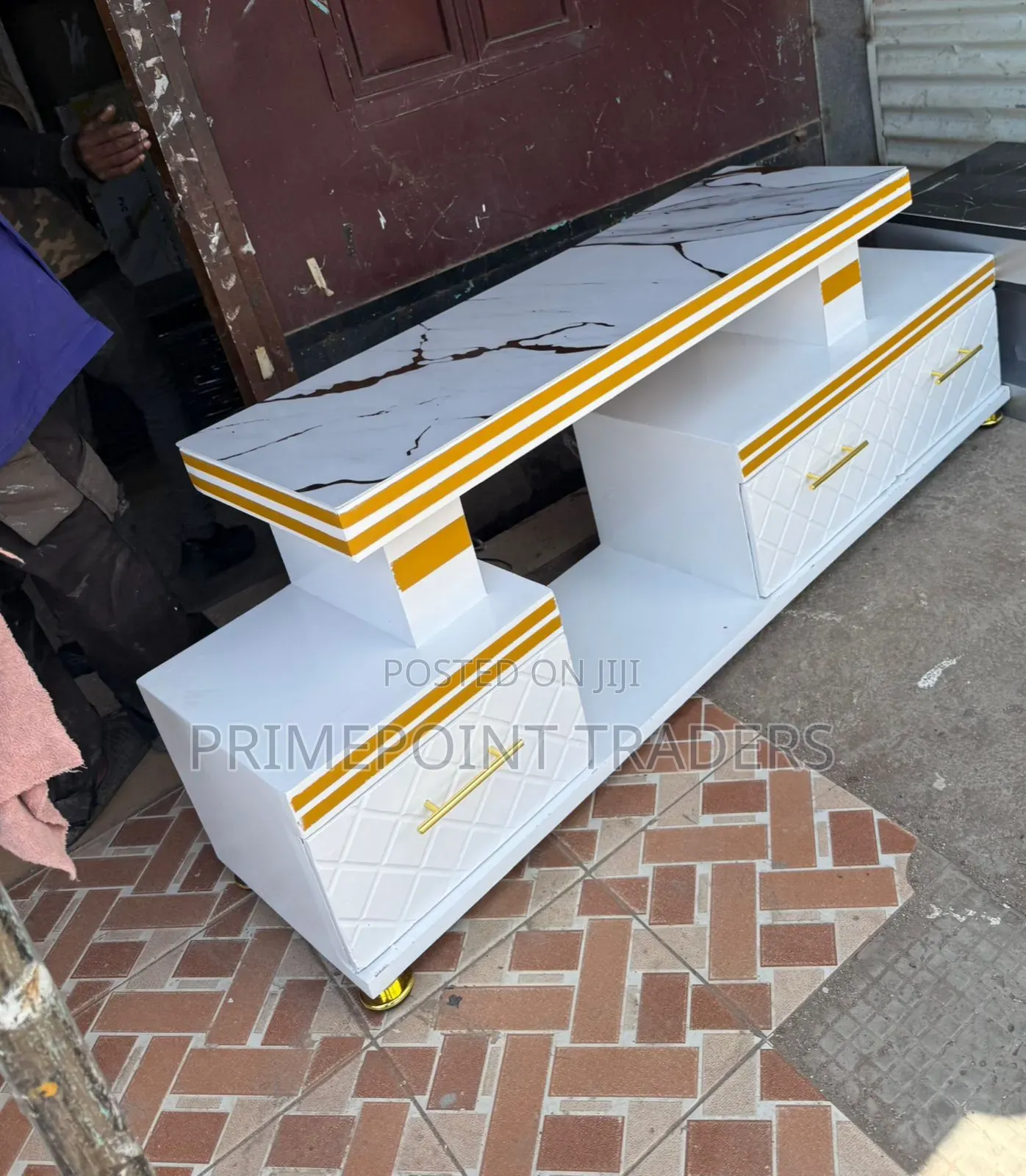 Elegant White Executive TV Unit With Marble Finish & Light