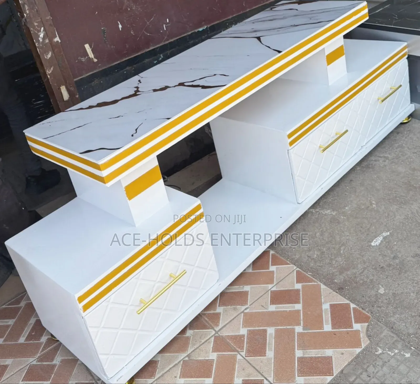 White/ Black - Executive TV Stand With Marble Coat Top and LED Light