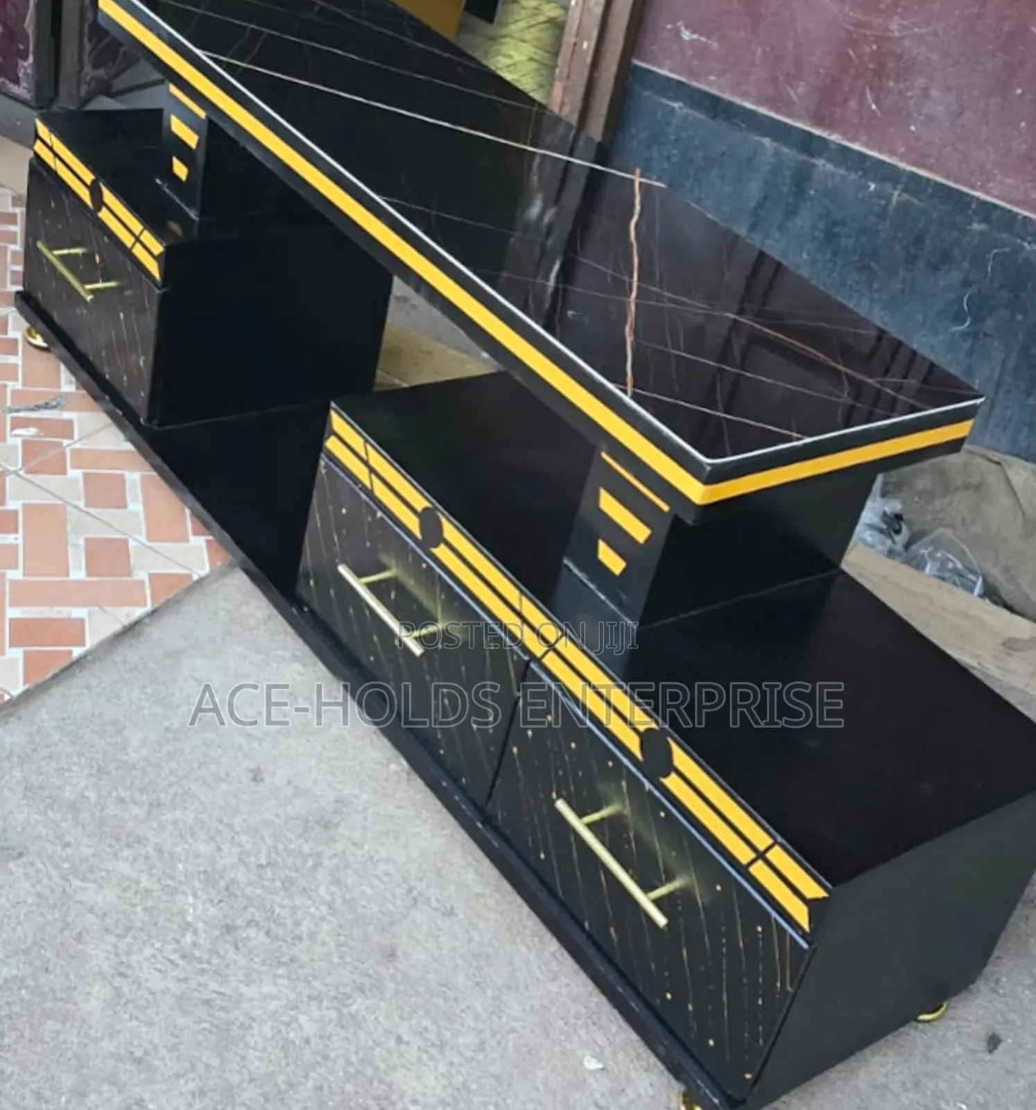 White/ Black - Executive TV Stand With Marble Coat Top and LED Light
