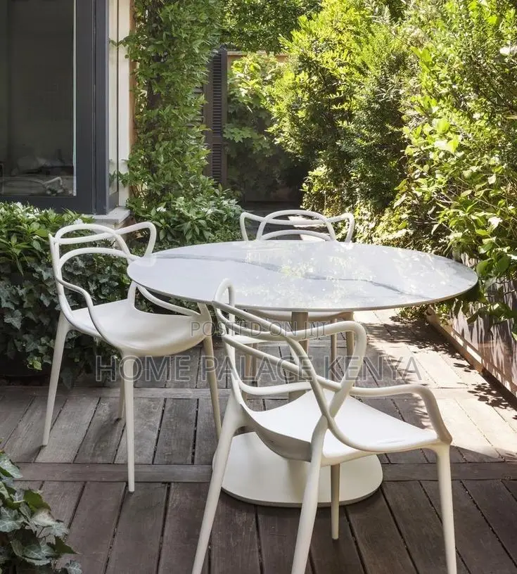 Garden Set; Luxury Round Marble Dining Table and 4 Heavy Duty Chairs