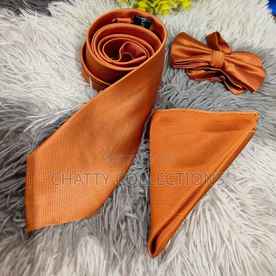 Burnt Orange Men Ties With Pocket Square and Bow Tie Set