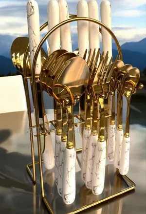 24 Pieces Gold Coat Cutlery Set- Marble Handle Style