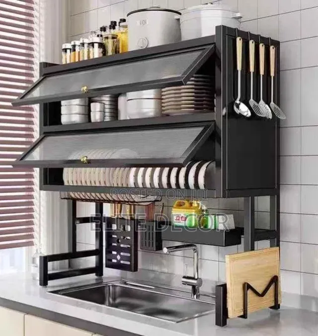Double Layer Over-the-Sink Dish Rack With Acrylic Glass Cover – 85cm