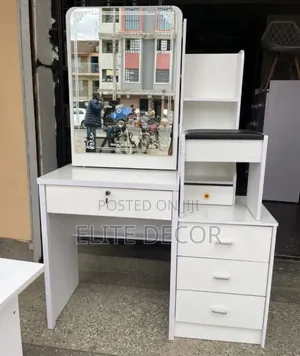 Modern White Dressing Table With Sliding Mirror & Storage