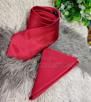 Unisex Red Top Quality Tie With Pocket Square