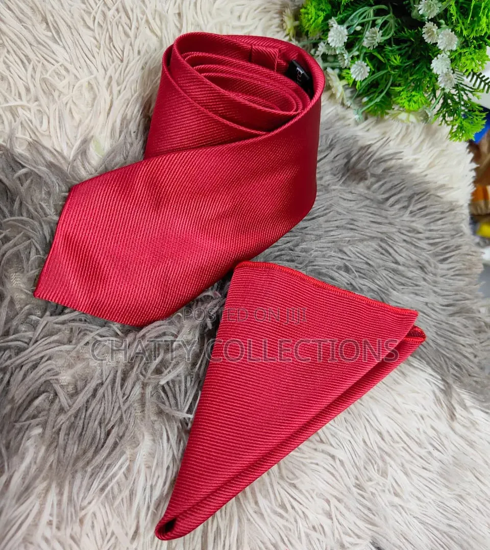 Unisex Red Top Quality Tie With Pocket Square