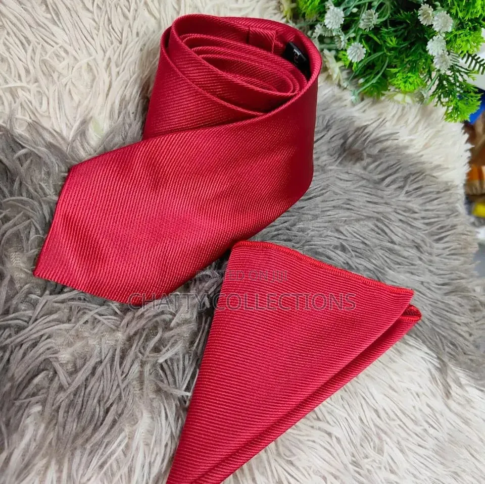 Unisex Red Top Quality Tie With Pocket Square