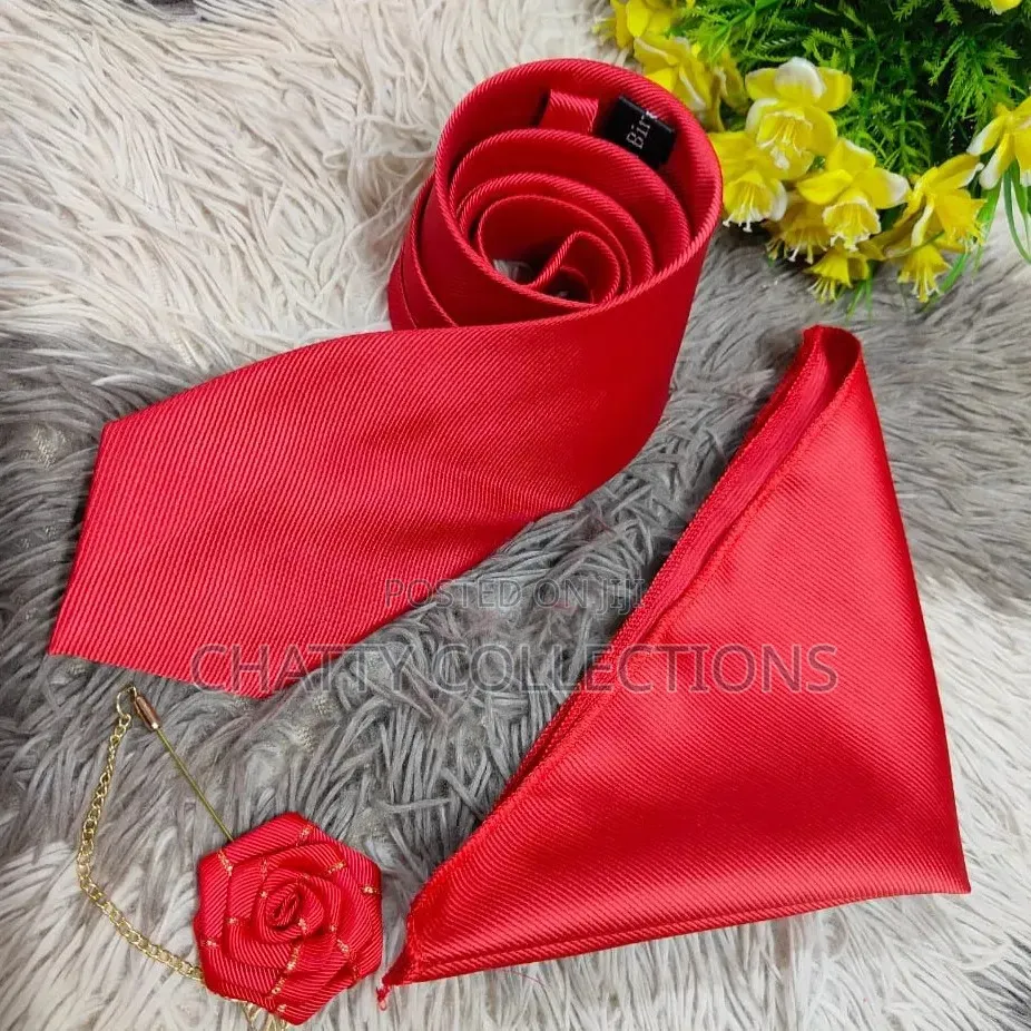Red Unisex Quality Tie With Matching Pocket Square and Flower Lapel