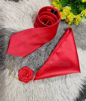Red Unisex Quality Tie With Matching Pocket Square and Flower Lapel