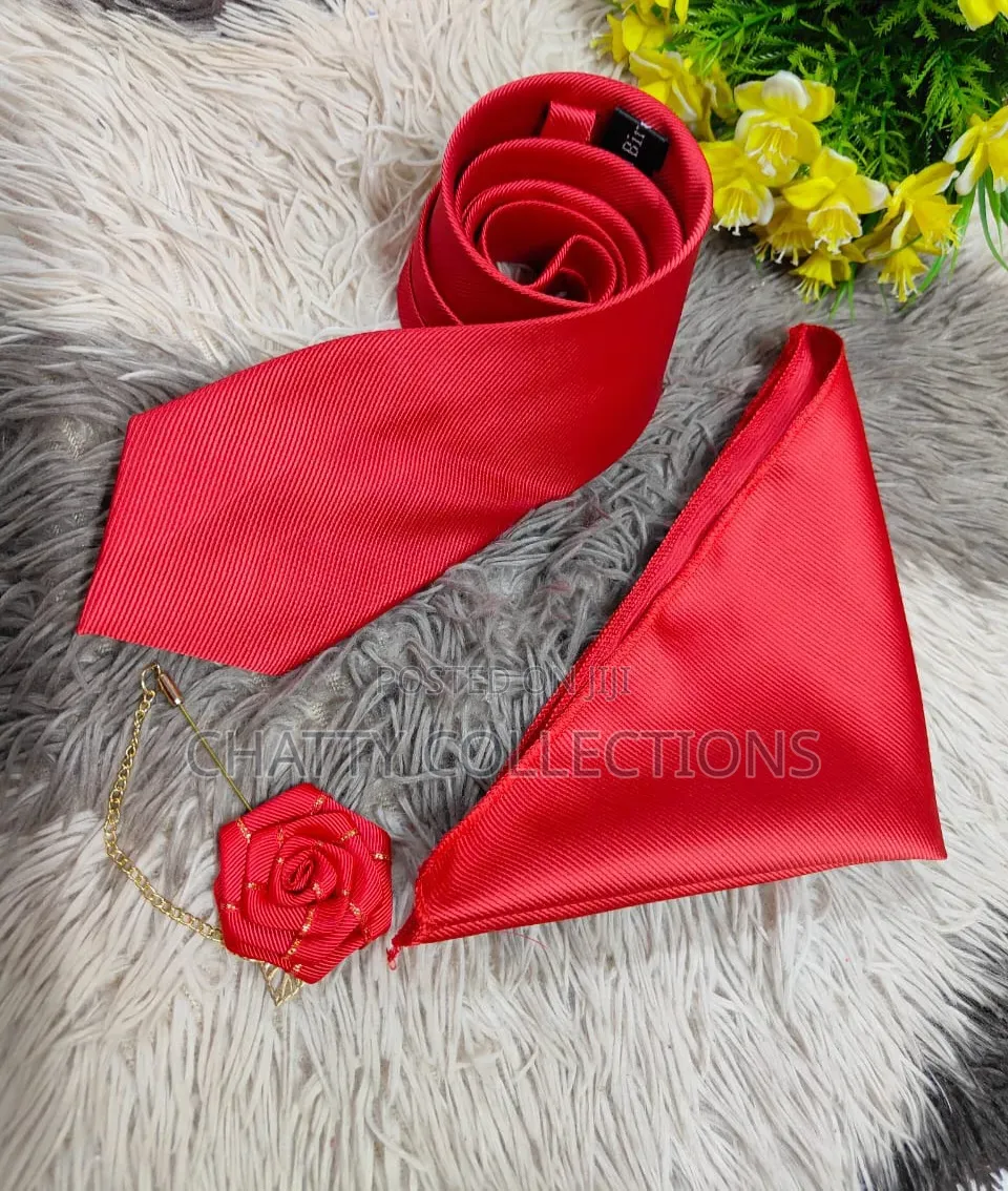 Red Unisex Quality Tie With Matching Pocket Square and Flower Lapel