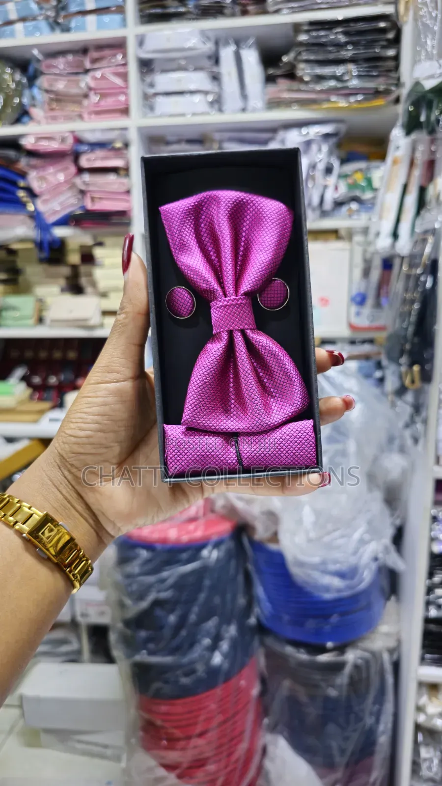 Unisex Pink Bow Tie Set With Pocket Square and Cufflinks