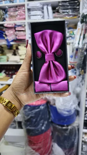 Unisex Pink Bow Tie Set With Pocket Square and Cufflinks