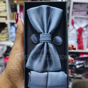 Unisex Gray Bow Tie Set With Pocket Square and Cufflinks