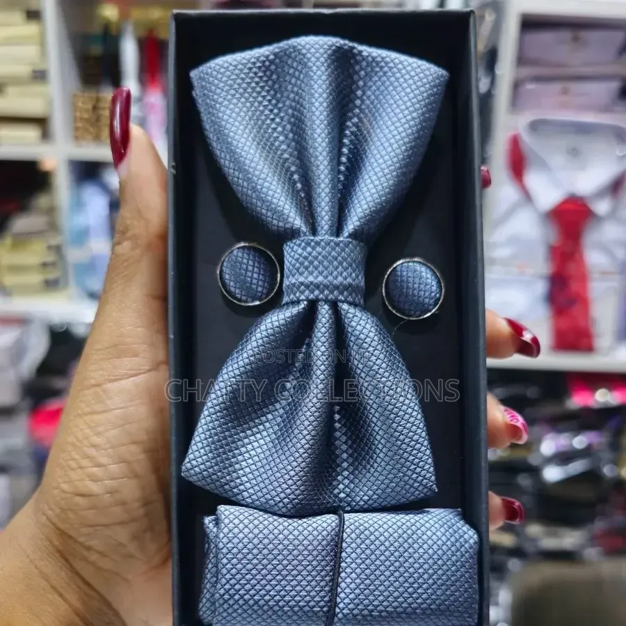 Unisex Gray Bow Tie Set With Pocket Square and Cufflinks