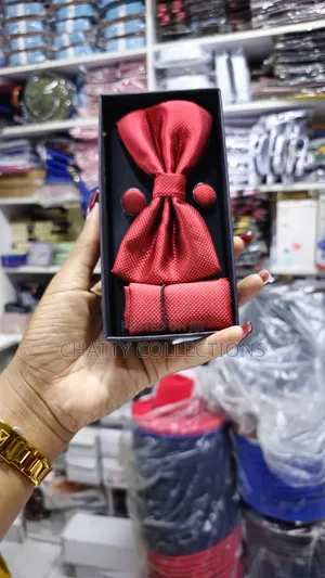 Unisex Red Bow Tie Set With Pocket Square and Cufflinks