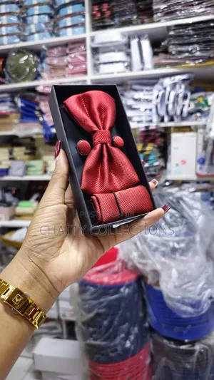 Unisex Red Bow Tie Set With Pocket Square and Cufflinks