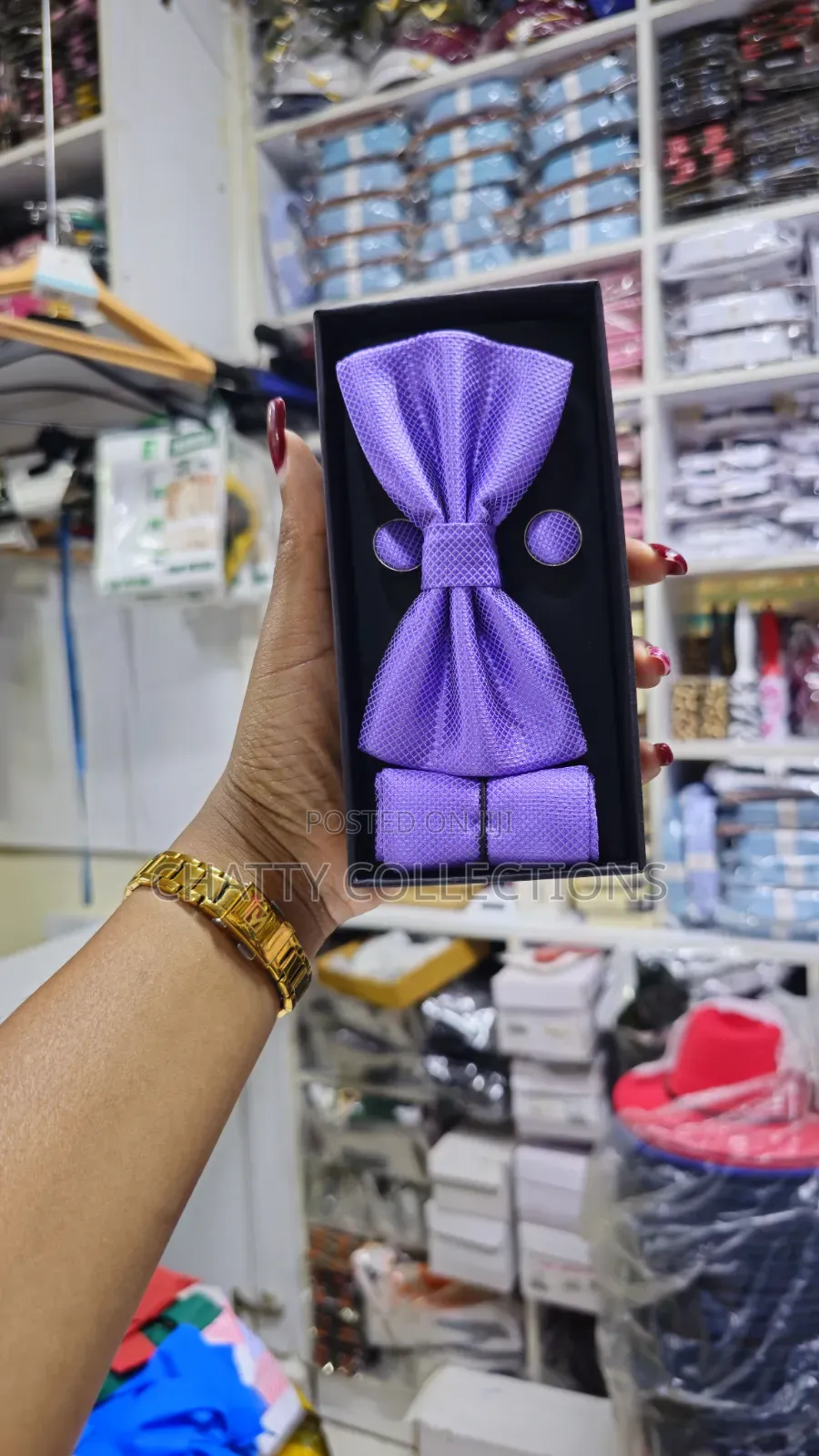 Unisex Purple Bow Tie Set With Pocket Square and Cufflinks