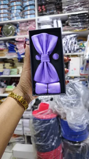 Unisex Purple Bow Tie Set With Pocket Square and Cufflinks