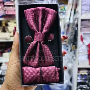 Unisex Burgundy Bow Tie Set With Pocket Square and Cufflinks