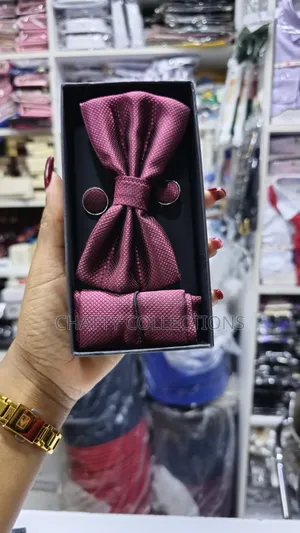 Unisex Burgundy Bow Tie Set With Pocket Square and Cufflinks