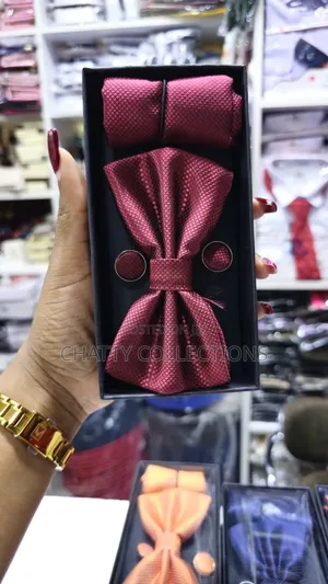 Unisex Maroon Bow Tie Set With Pocket Square and Cufflinks