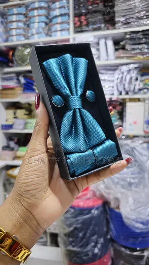 Unisex Turquoise Blue Bow Tie Set With Pocket Square and Cufflinks