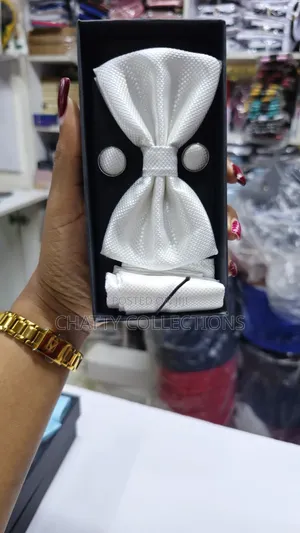 Unisex White  Bow Tie Set With Pocket Square and Cufflinks