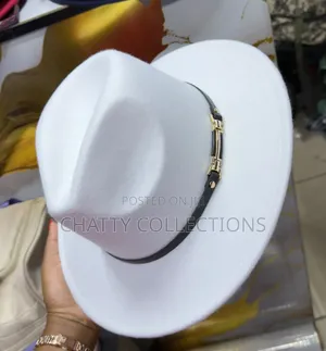 White Unisex Wide Brim Fedora Hats With Black Ribbon