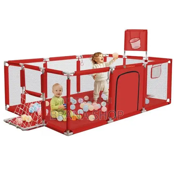 Red Baby Playpen Ball Pit & Basketball Net Safe Kids Activity Area