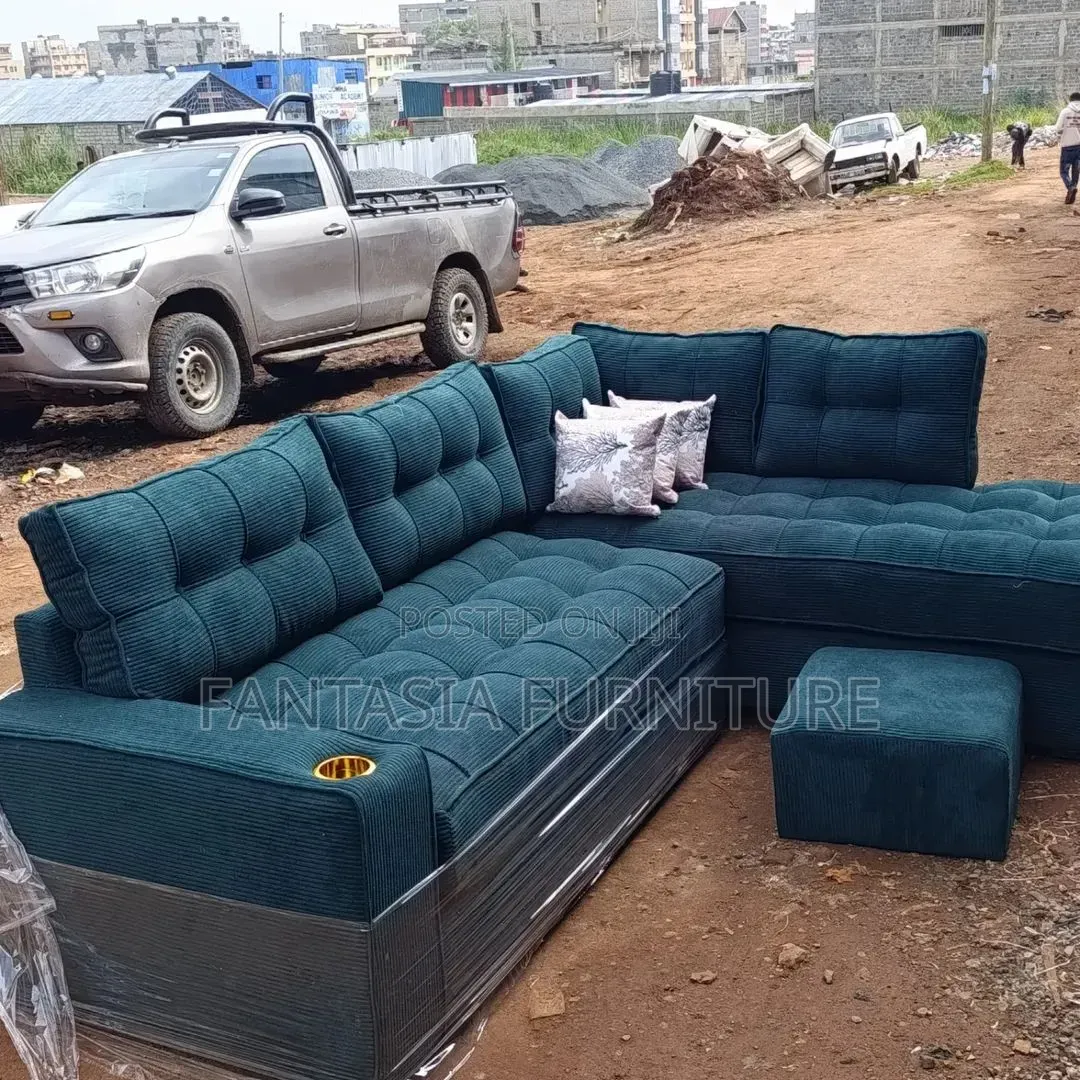 L-Shaped Teal Sectional Sofa (5-Seater) + Ottoman