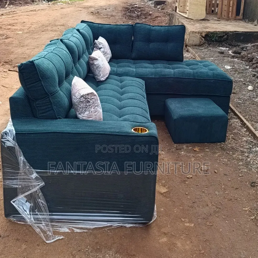 L-Shaped Teal Sectional Sofa (5-Seater) + Ottoman