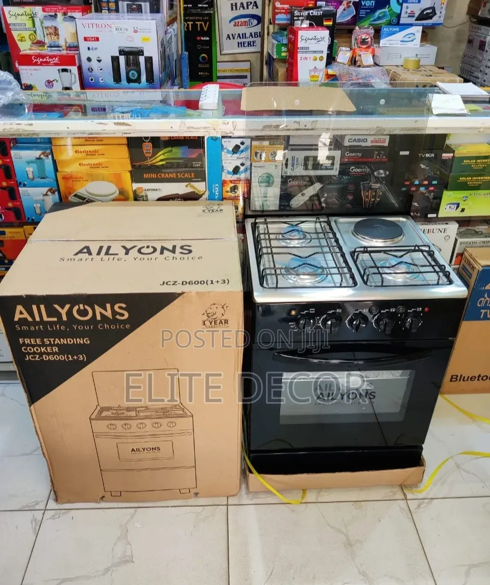 Ailyons 60×55cm Standing Cooker – 3 Gas Burners + 1 Electric Plate
