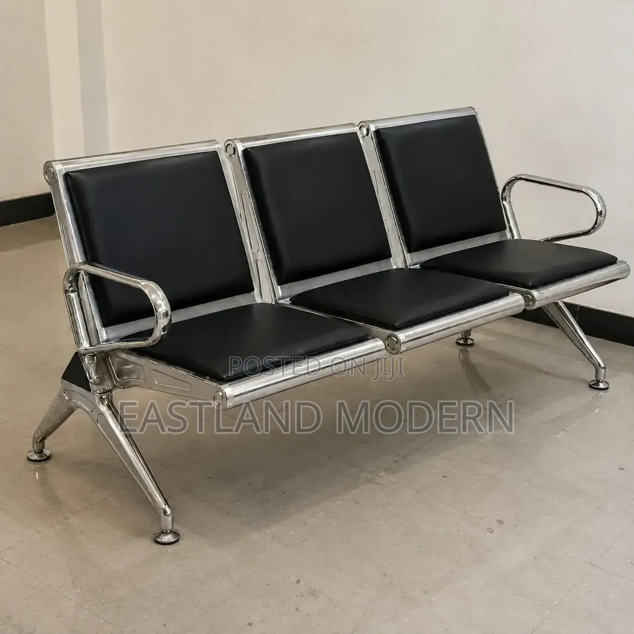 Heavy Duty 3 Seater Waiting Bench – Black Leather & Chrome Frame