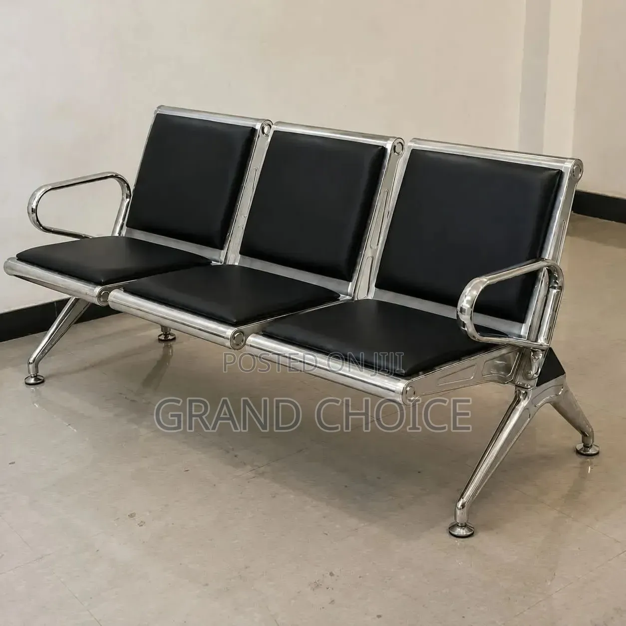 Heavy Duty 3 Seater Waiting Bench – Black Leather & Chrome Frame