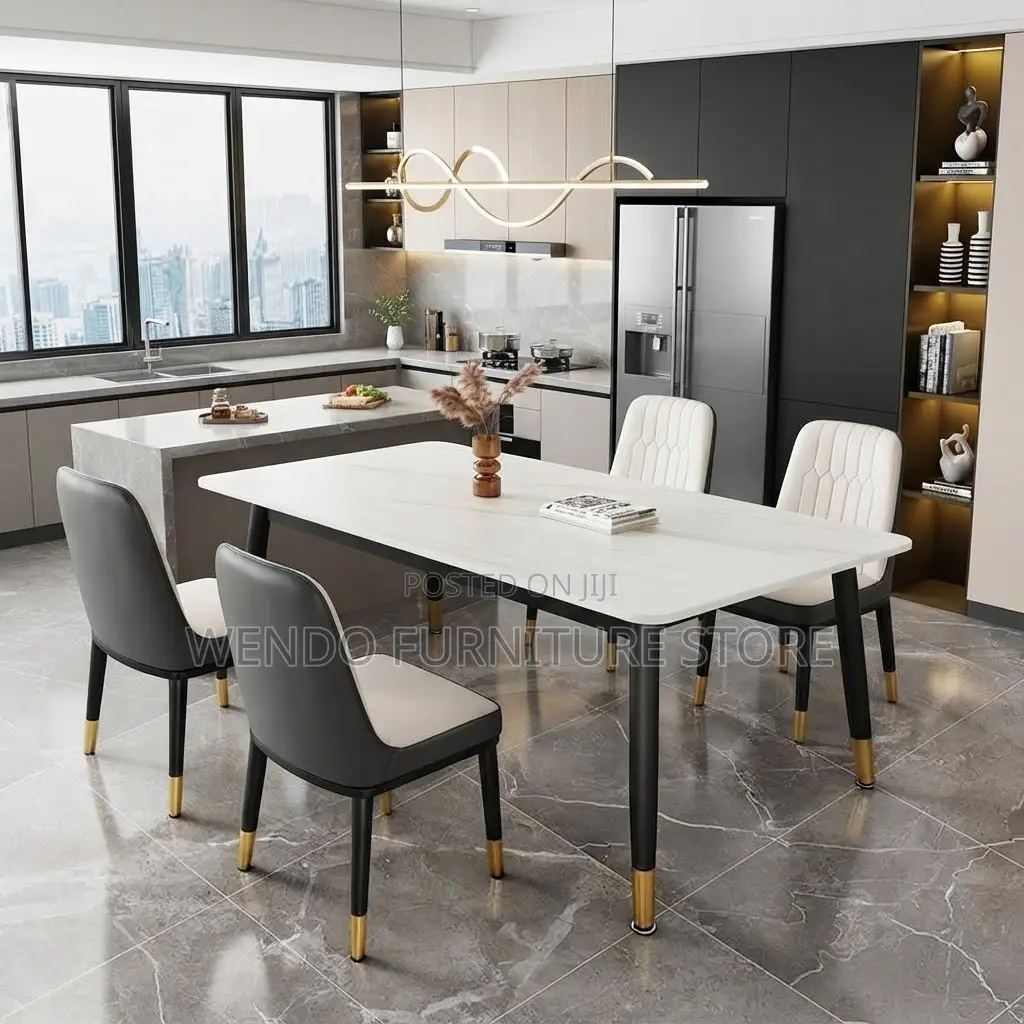 Dining Set; Marble Rectangular Home Four Seaters Dining Set