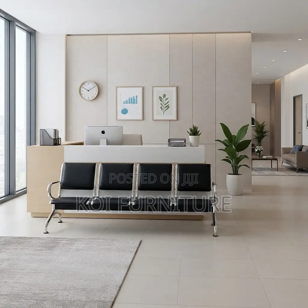 Office Bench; Four Seaters Leather Benches With Metallic Frame