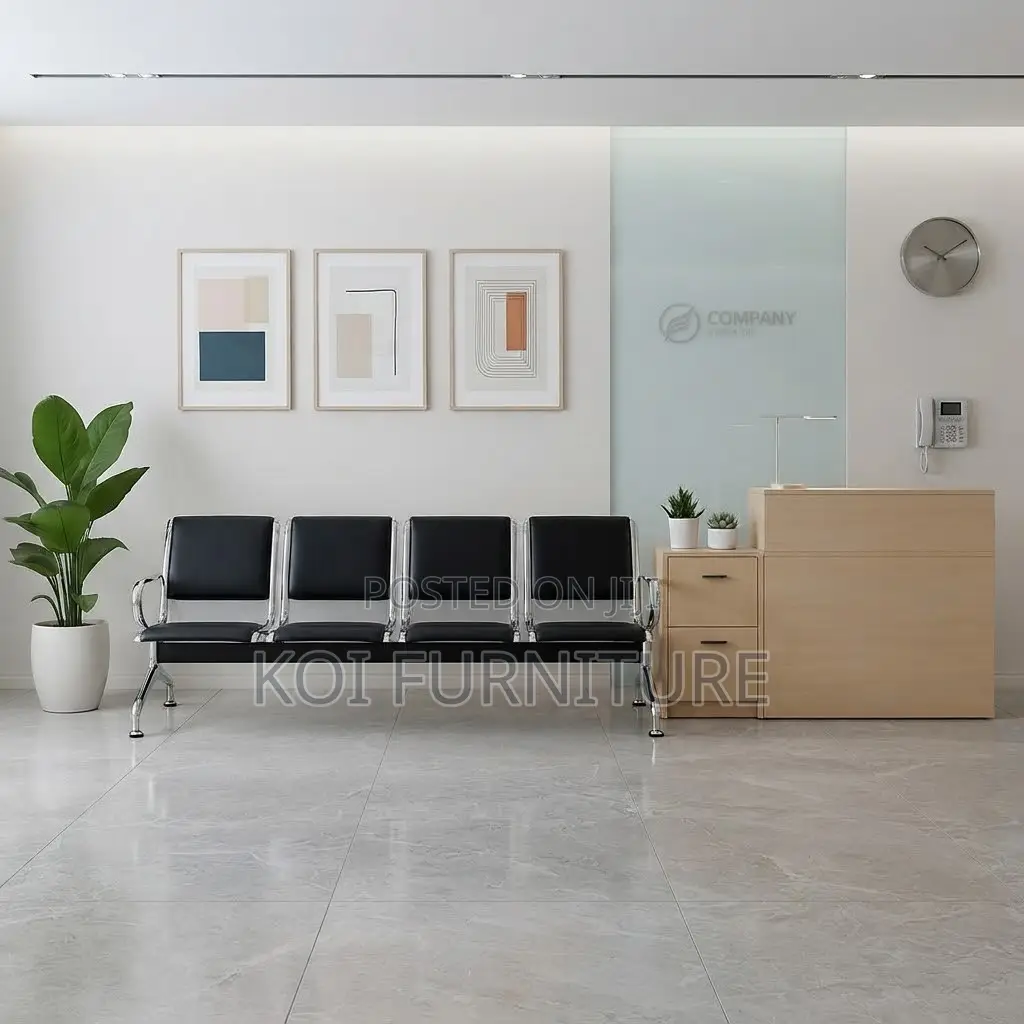 Office Bench; Four Seaters Leather Benches With Metallic Frame