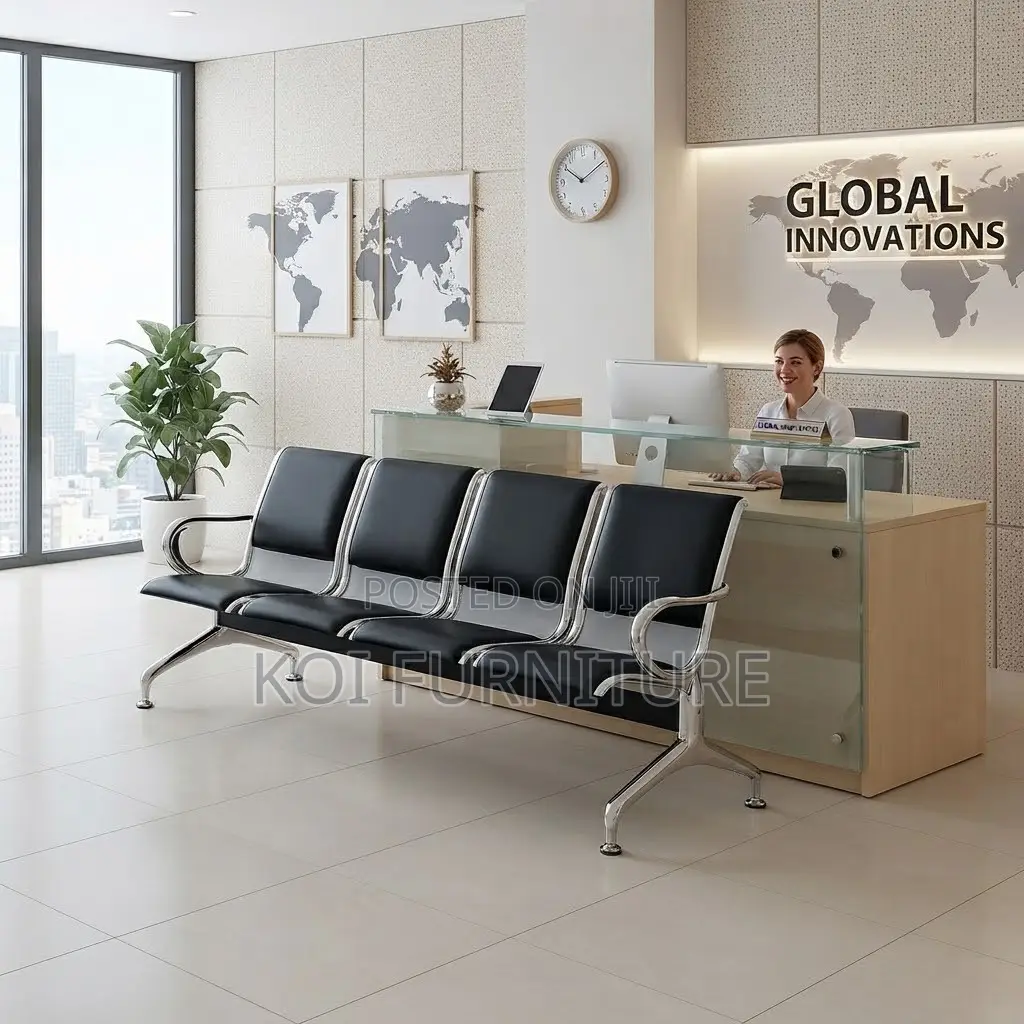 Office Bench; Four Seaters Leather Benches With Metallic Frame