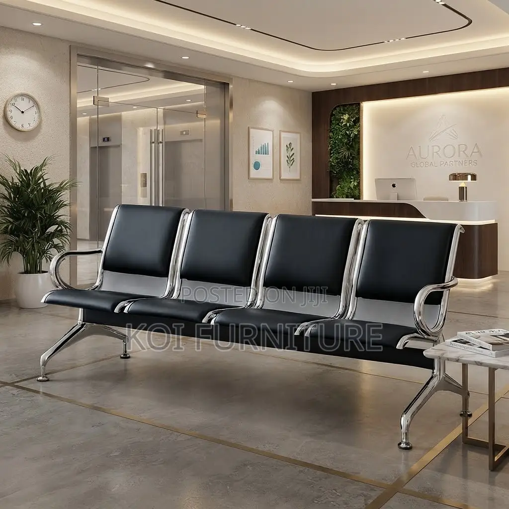 Office Bench; Four Seaters Leather Benches With Metallic Frame