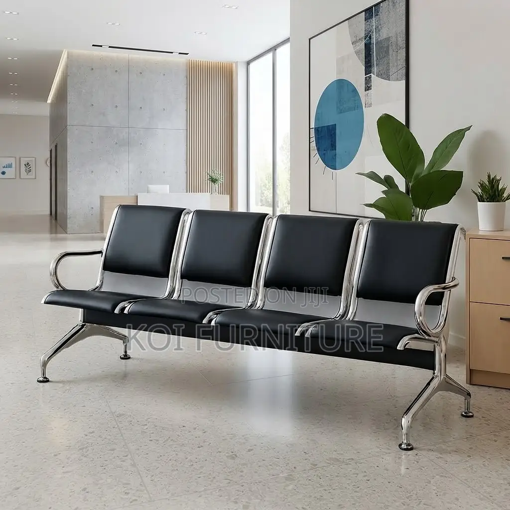 Office Bench; Four Seaters Leather Benches With Metallic Frame