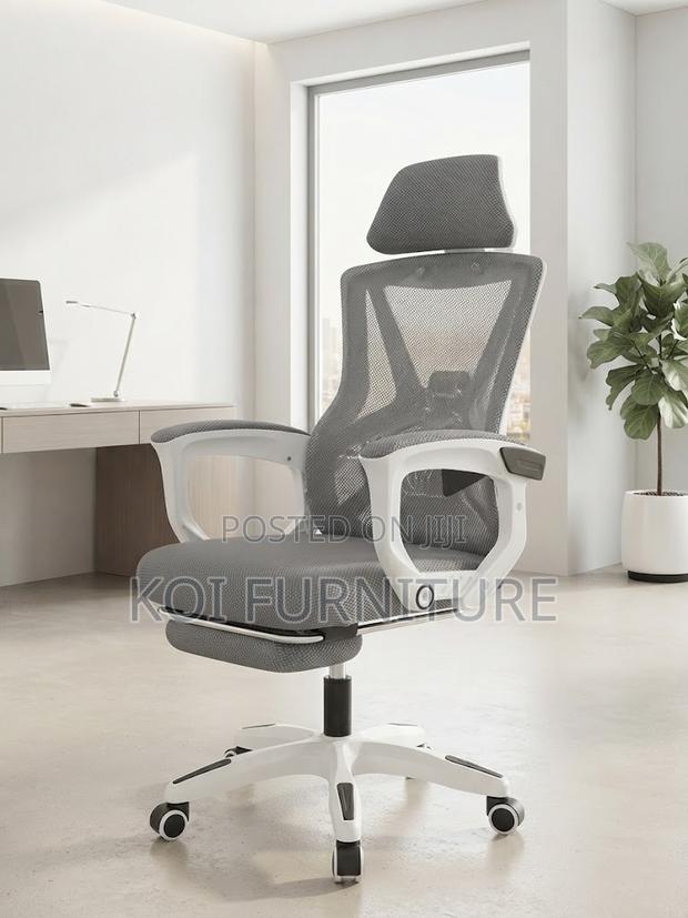 Office Chairs; White Ergonomic Office Seat With Footrest - thumbnail 2
