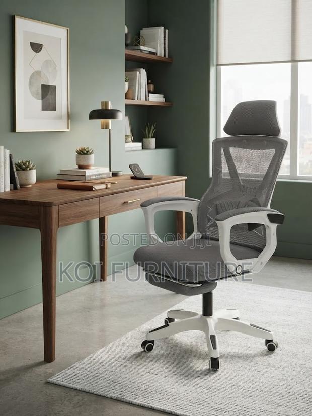 Office Chairs; White Ergonomic Office Seat With Footrest - thumbnail 4