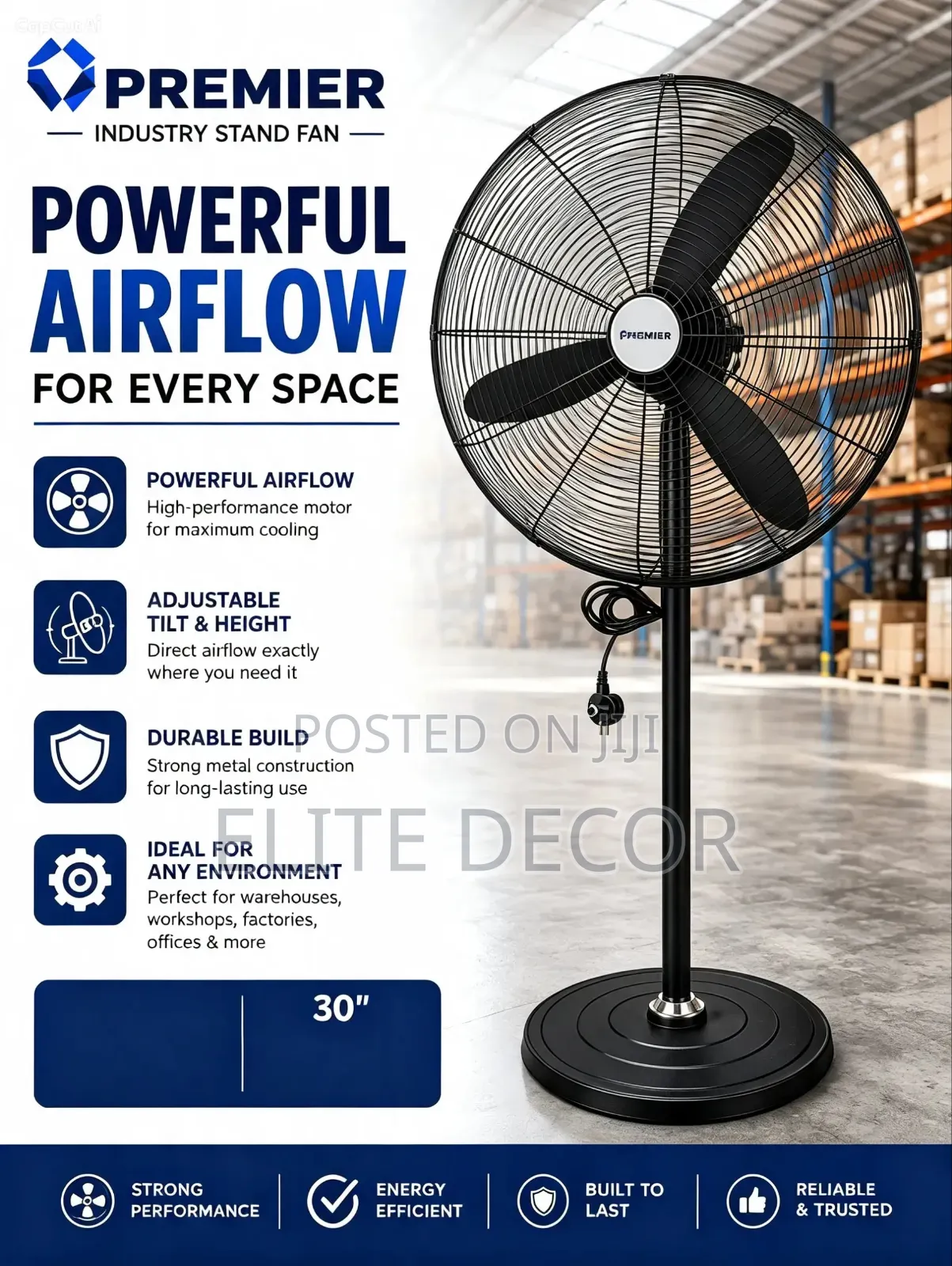 Premier 30” Industrial Stand Fan – Powerful & Heavy Duty