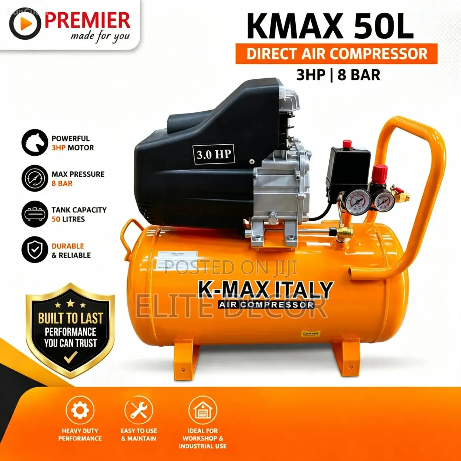 KMAX Italy 50L Direct Air Compressor – 3HP, 8 Bar
