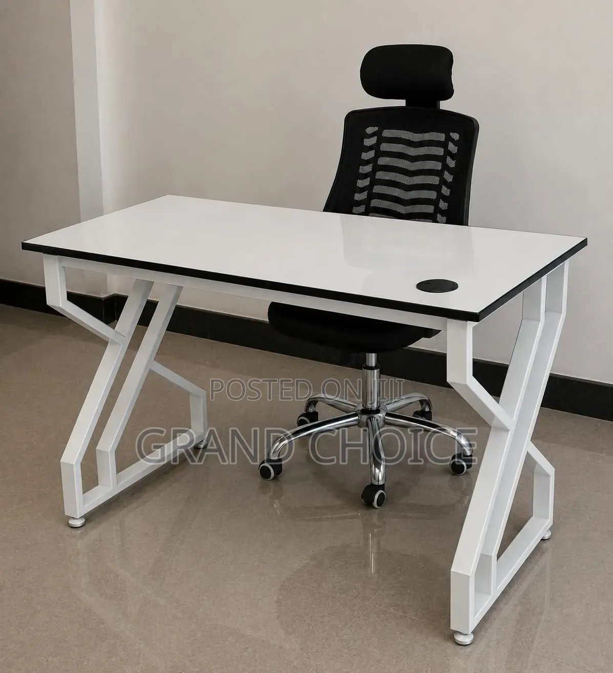White Executive Computer Desk With Metal Frame & Headrest Chair