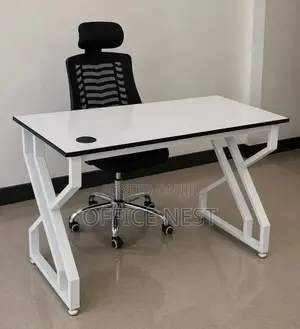 White Executive Computer Desk With Metal Frame & Headrest Chair